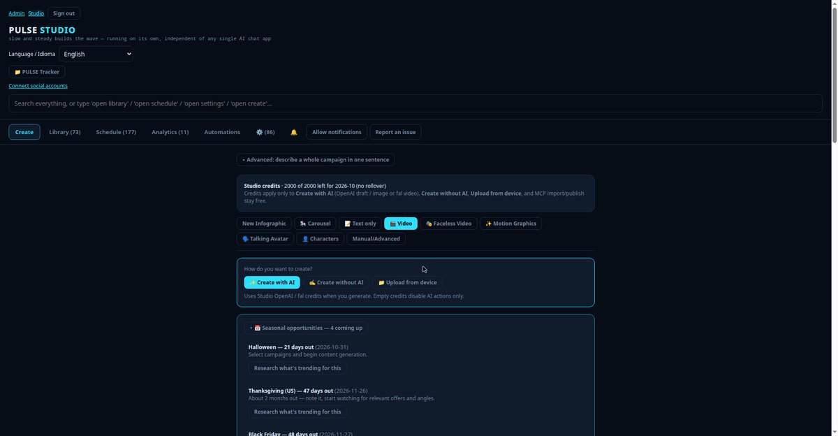 PULSE Studio dashboard — create and publish